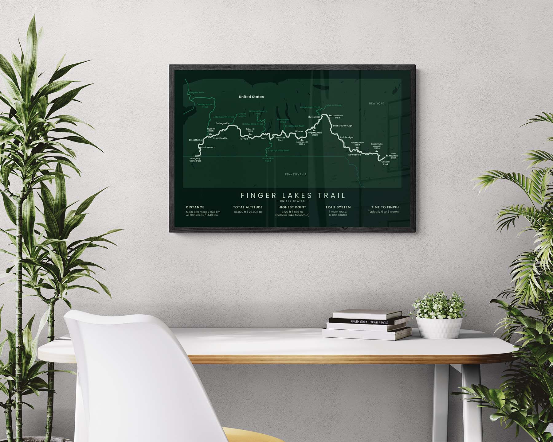 Finger Lakes Trail (USA) Route Wall Map in Minimal Room Decor