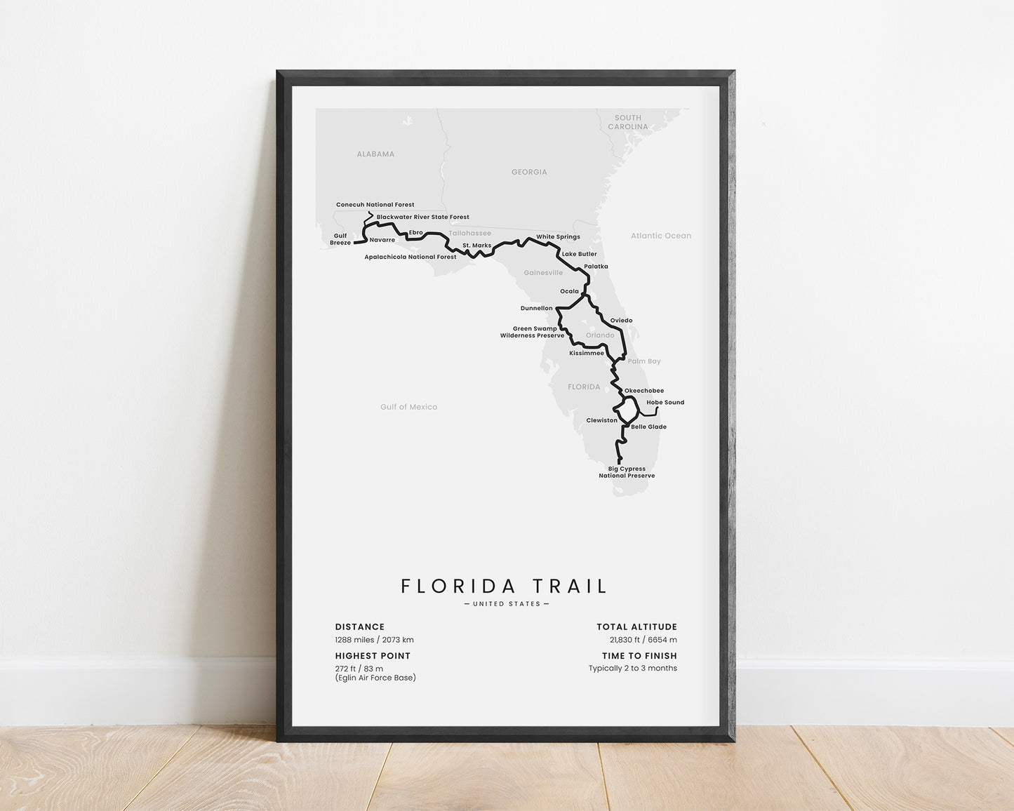 Florida Trail (Big Cypress National Preserve to Fort Pickens) Path Wall Map with White Background