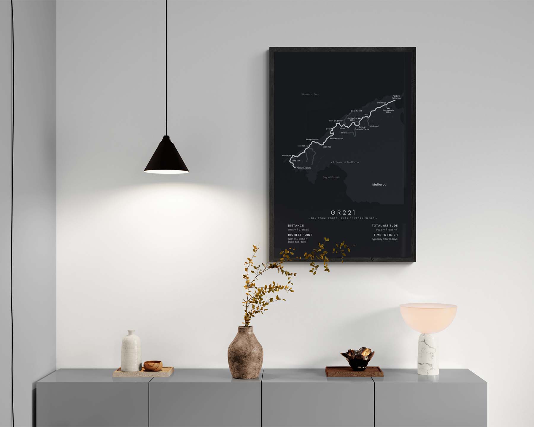 GR221 (Spain) Trail Map Art in Minimal Interior Decor