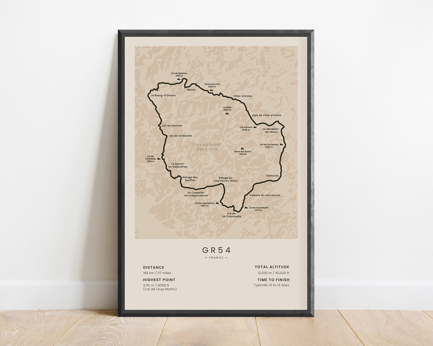 our des Écrins (France) Trail Poster with Beige Background