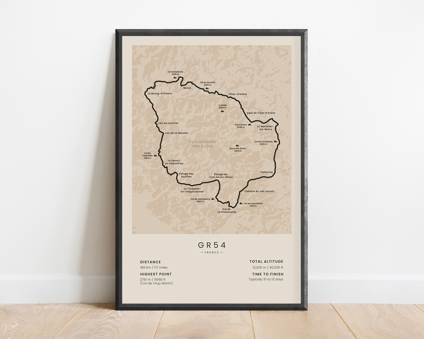our des Écrins (France) Trail Poster with Beige Background