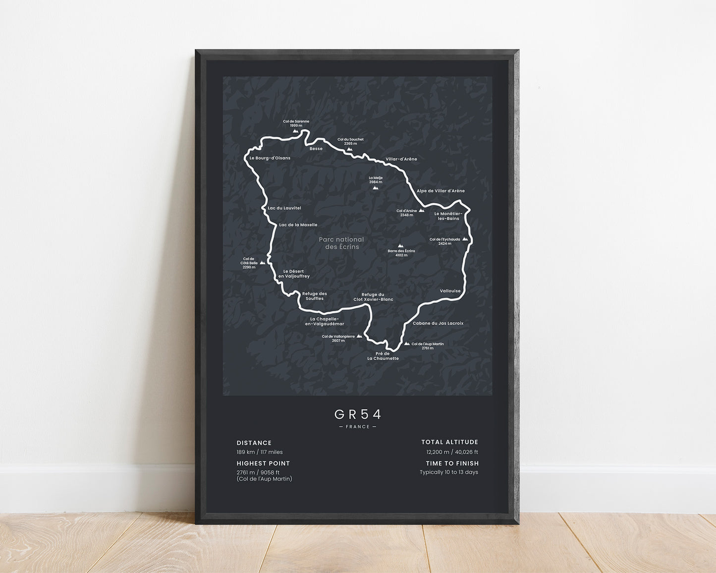 Tour of Oisans and Ecrins (Alps) Route Wall Art with Black Background