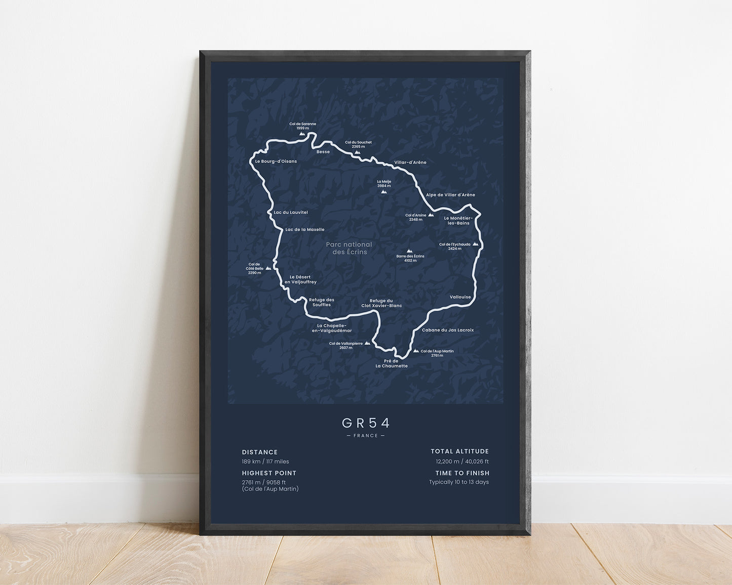 GR54 (Ecrins Massif) Thru-Hike Print with Blue Background