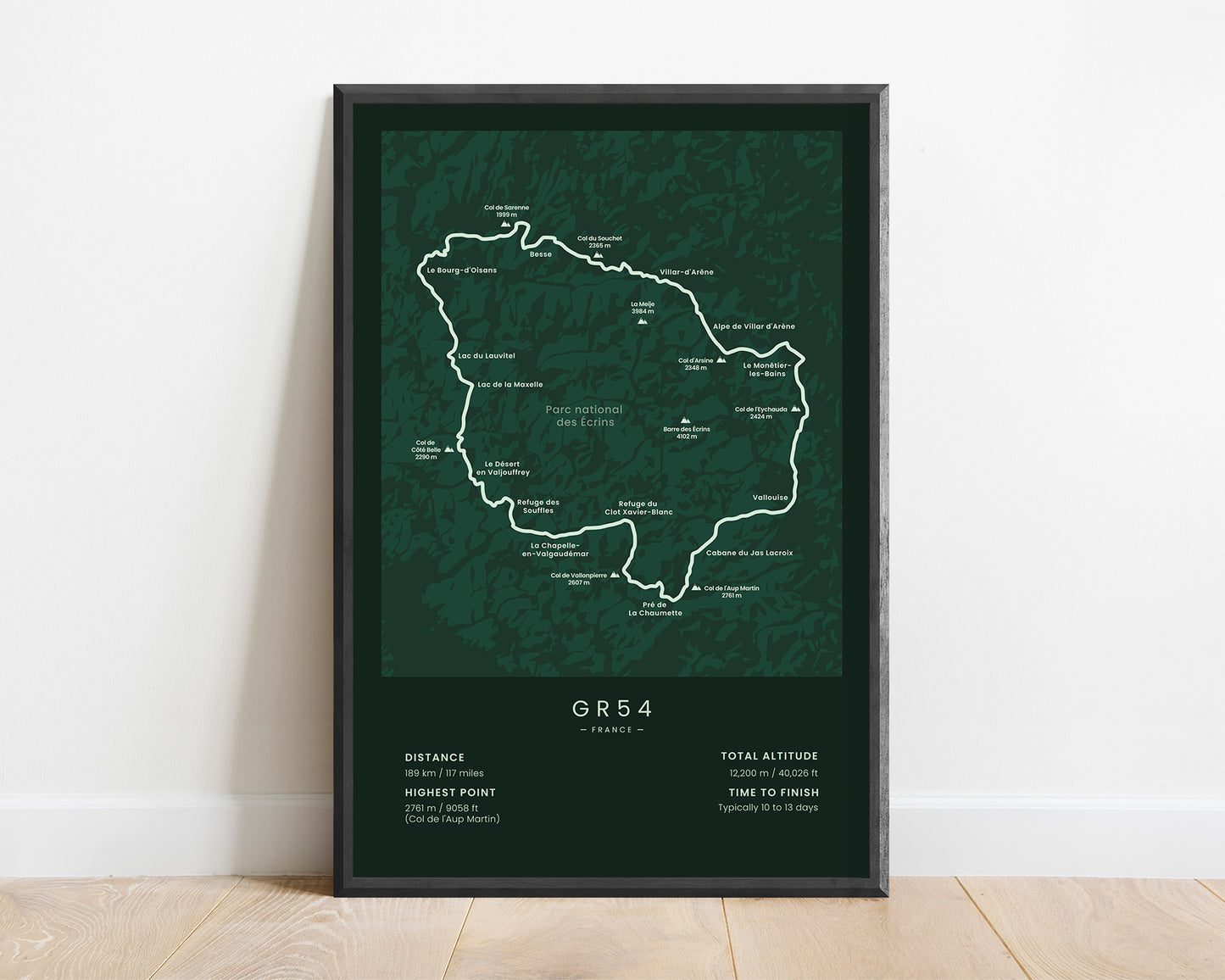 Tour des Écrins (France) Hike Map Art with Green Background