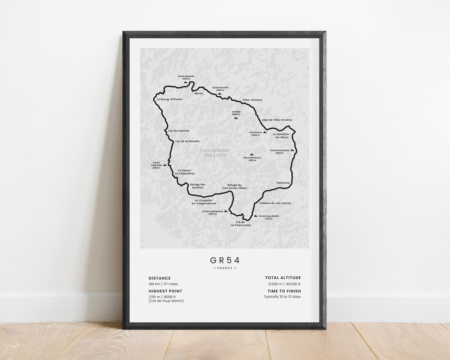 GR54 (Écrins National Park) Path Wall Map with White Background
