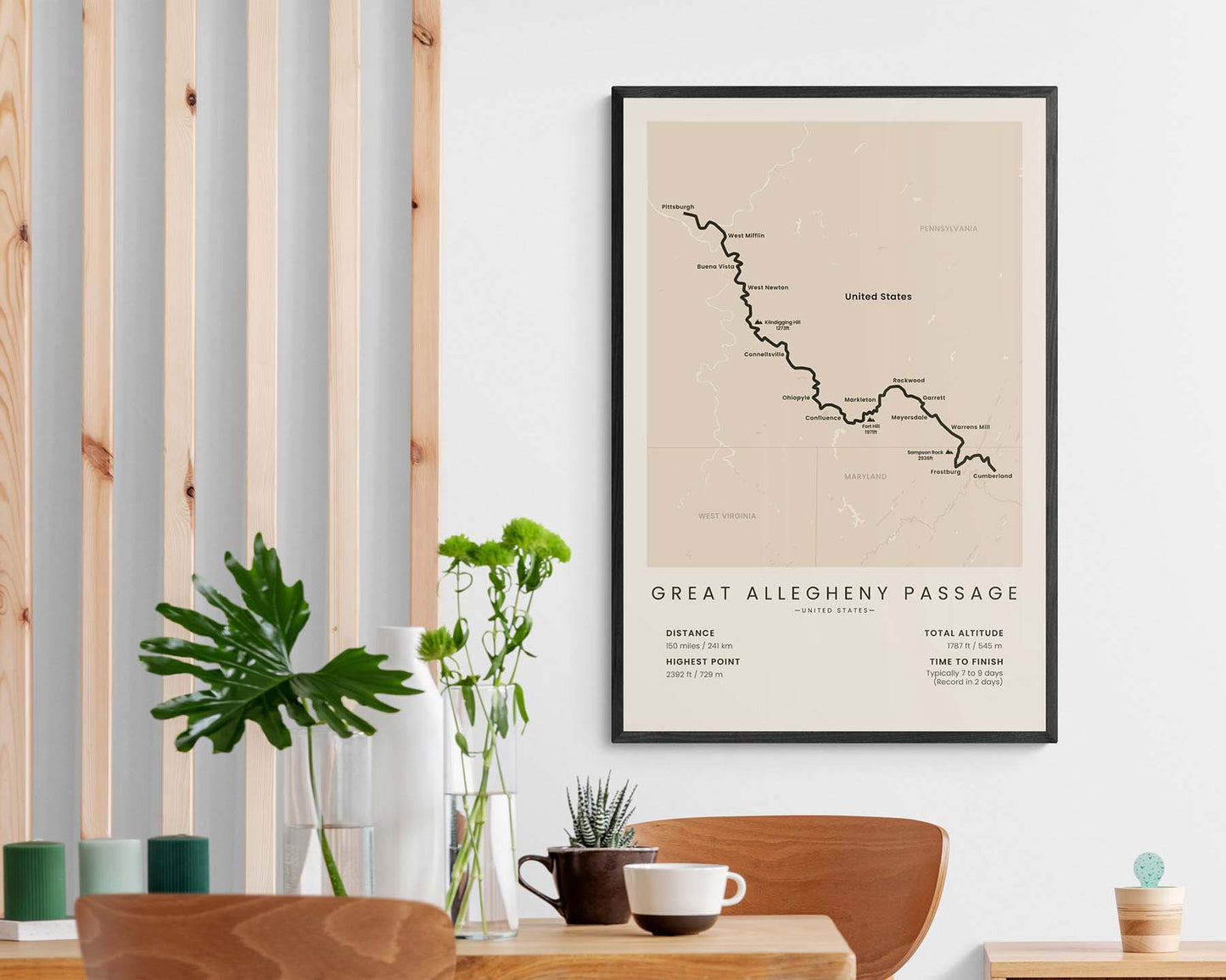 GAP (Maryland and Pennsylvania) Hike Wall Map in Minimal Room Decor