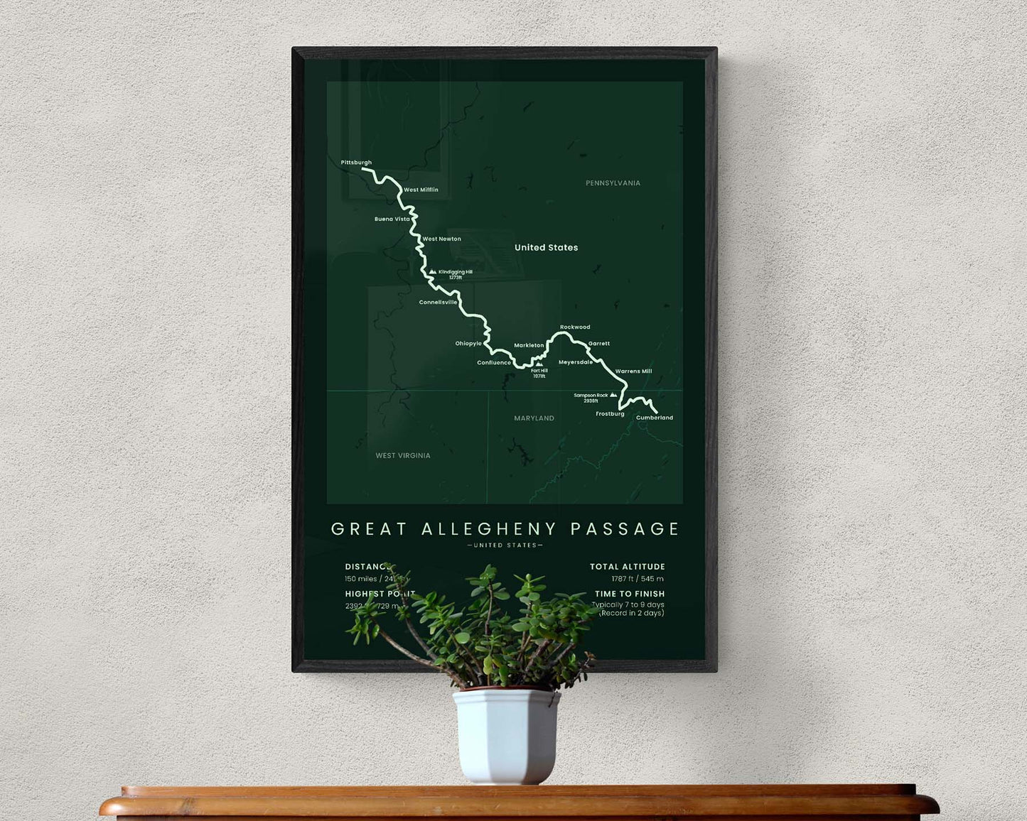 Great Allegheny Passage (Cumberland to Pittsburgh) Hiking Trail Print in Minimal Room Decor