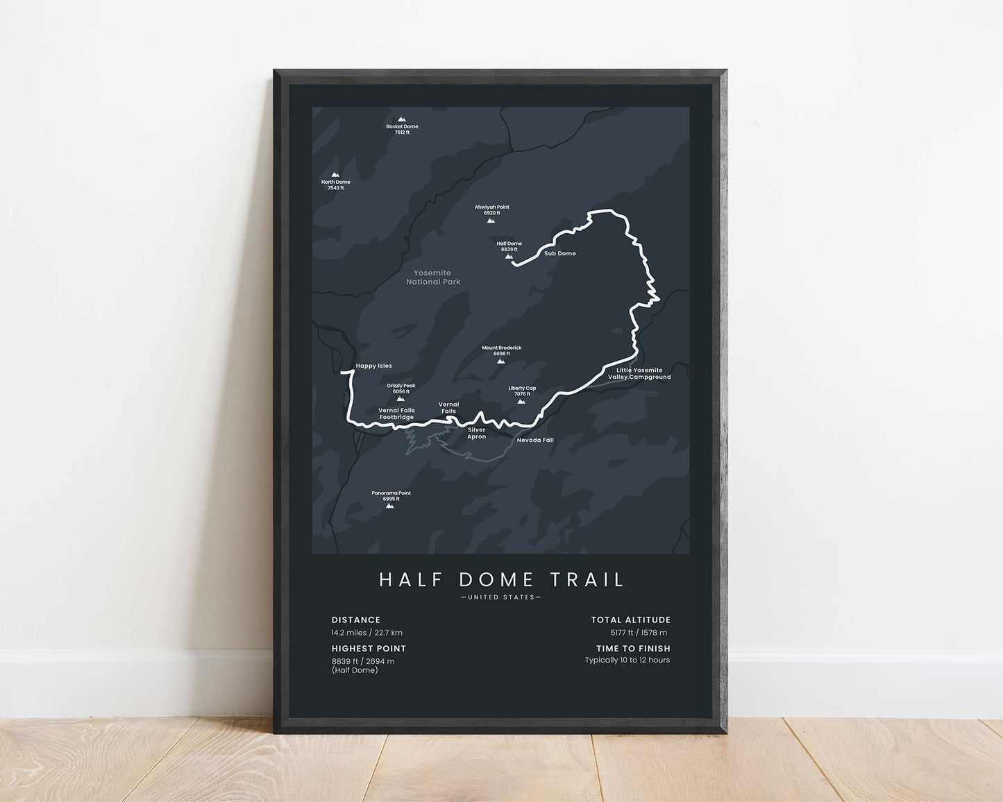 Half Dome Trail (Yosemite National Park, John Muir Trail, Vernal Fall, United States, California, Nevada Fall, Yosemite Valley) Route Wall Art with Black Background