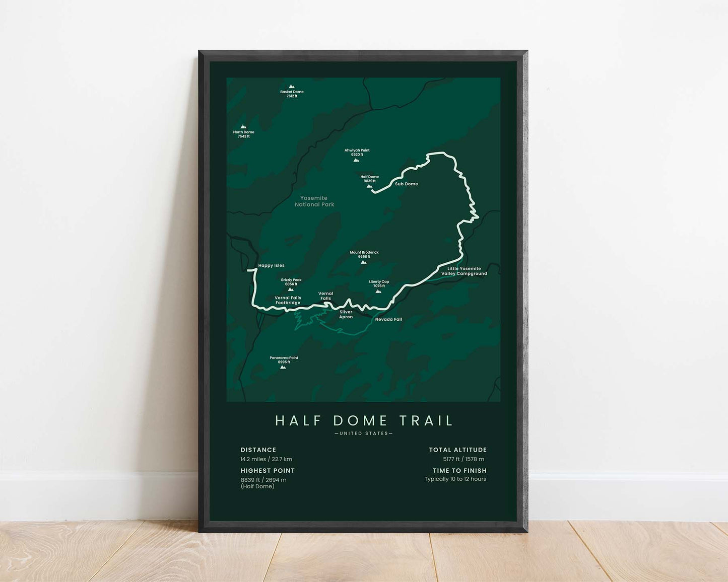Half Dome Trail (Vernal Fall, Yosemite National Park, California, Nevada Fall, John Muir Trail, Yosemite Valley, United States) Thru Hike Map Art with Green Background