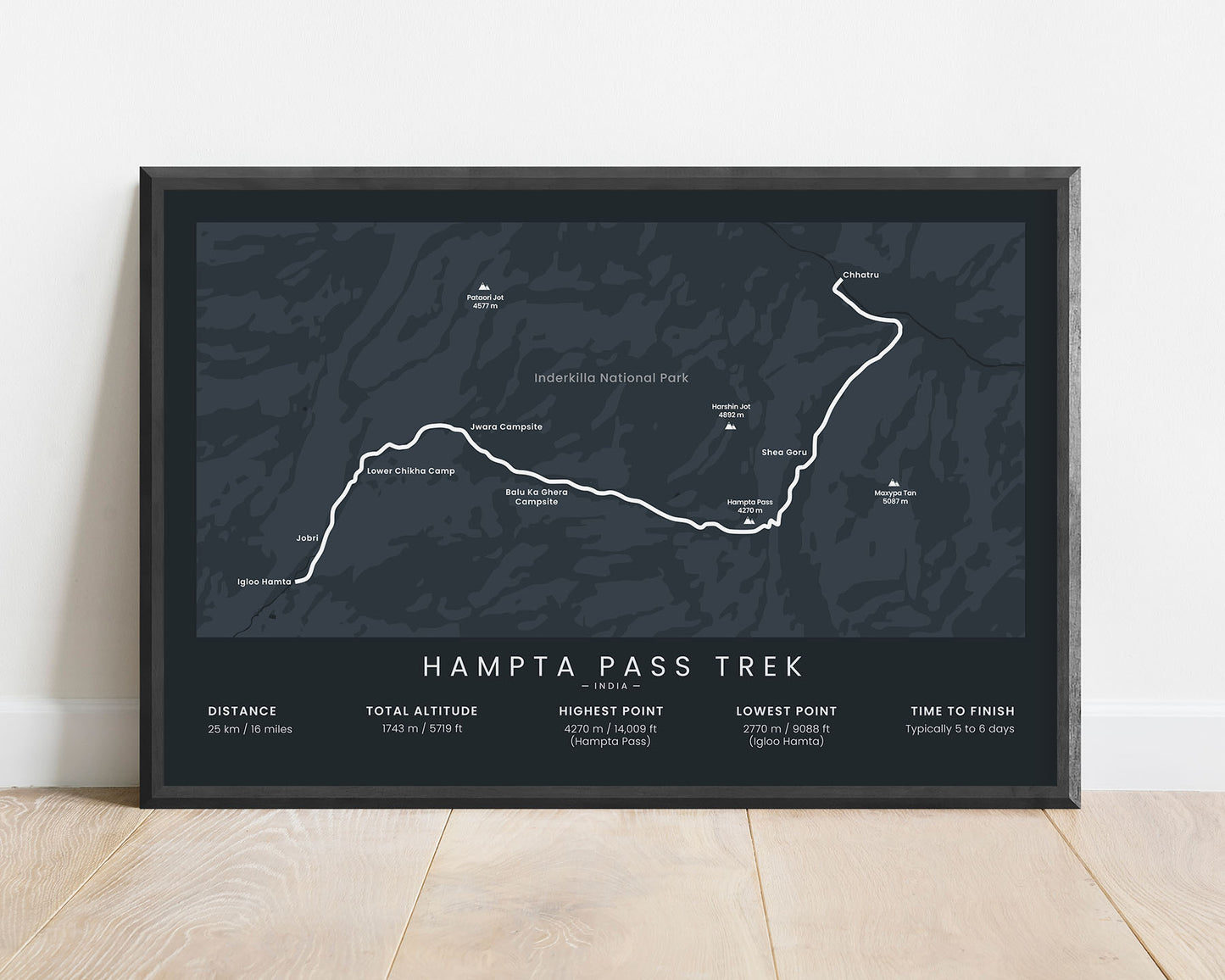 Hampta Pass Trek (Himalayas, Manali, Inderkilla National Park, Lahaul and Spiti District, Chandra Taal Lake, Kullu Valley, India) Trail Wall Art with Black Background