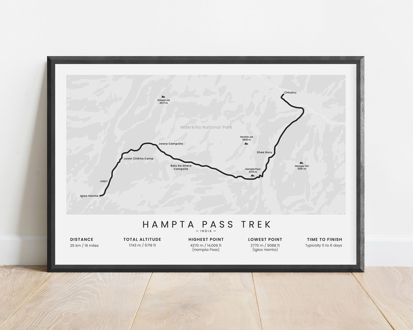 Hampta Pass Trek (Lahaul and Spiti District, Chandra Taal Lake, Himalayas, Kullu Valley, Inderkilla National Park, Manali, India) Thru Hike Poster with White Background