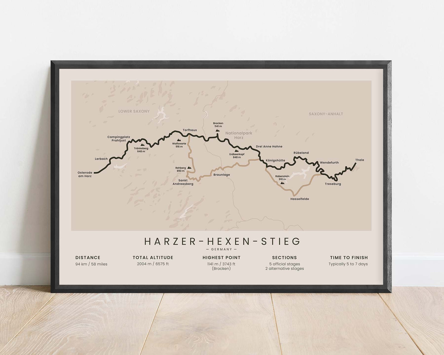 Harzer-Hexen-Stieg (Germany) Hike Art with Beige Background in Minimal Room Decor