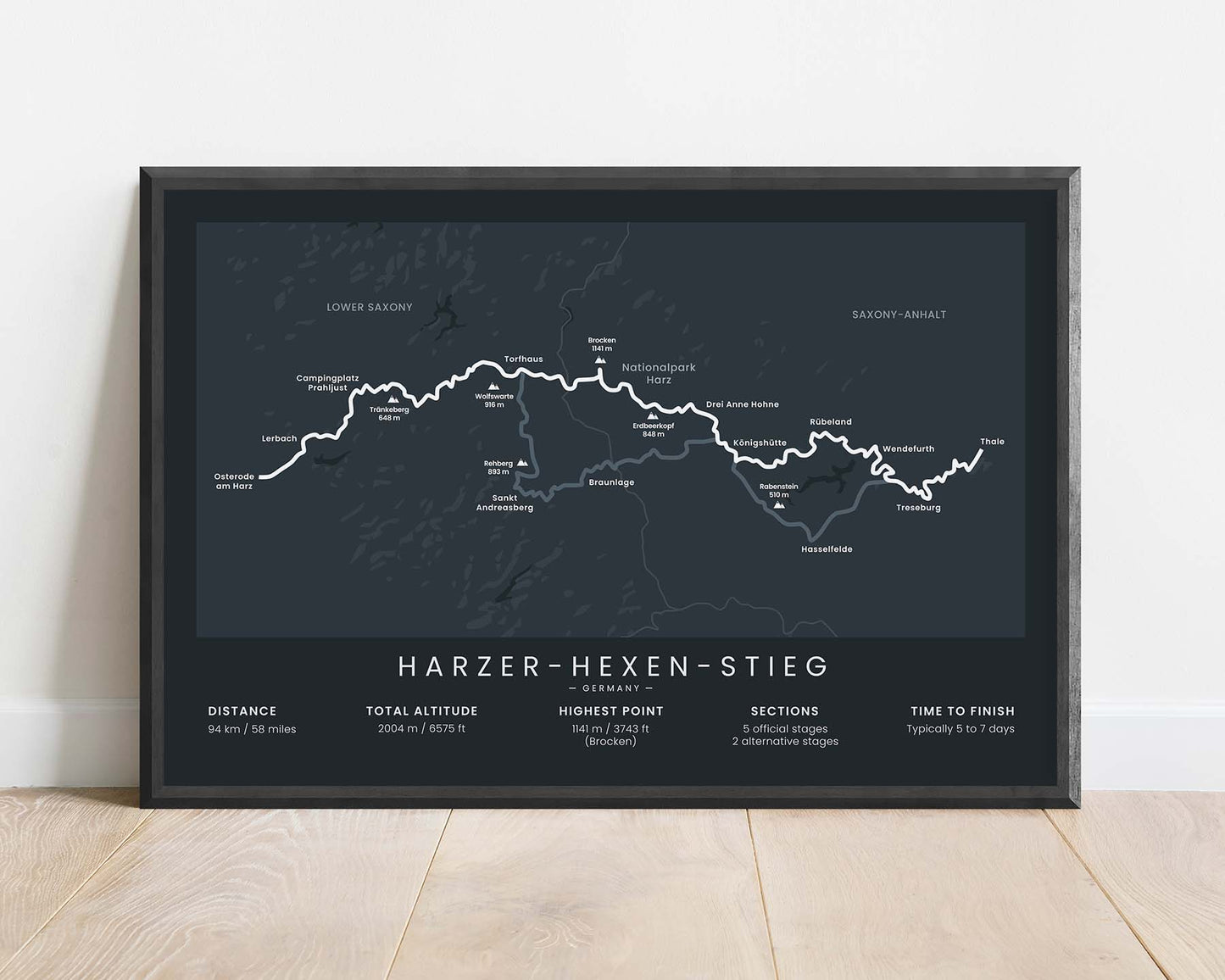 Harzer-Hexen-Stieg (Saxony-Anhalt) Trail Wall Map with Black Background in Minimal Room Decor