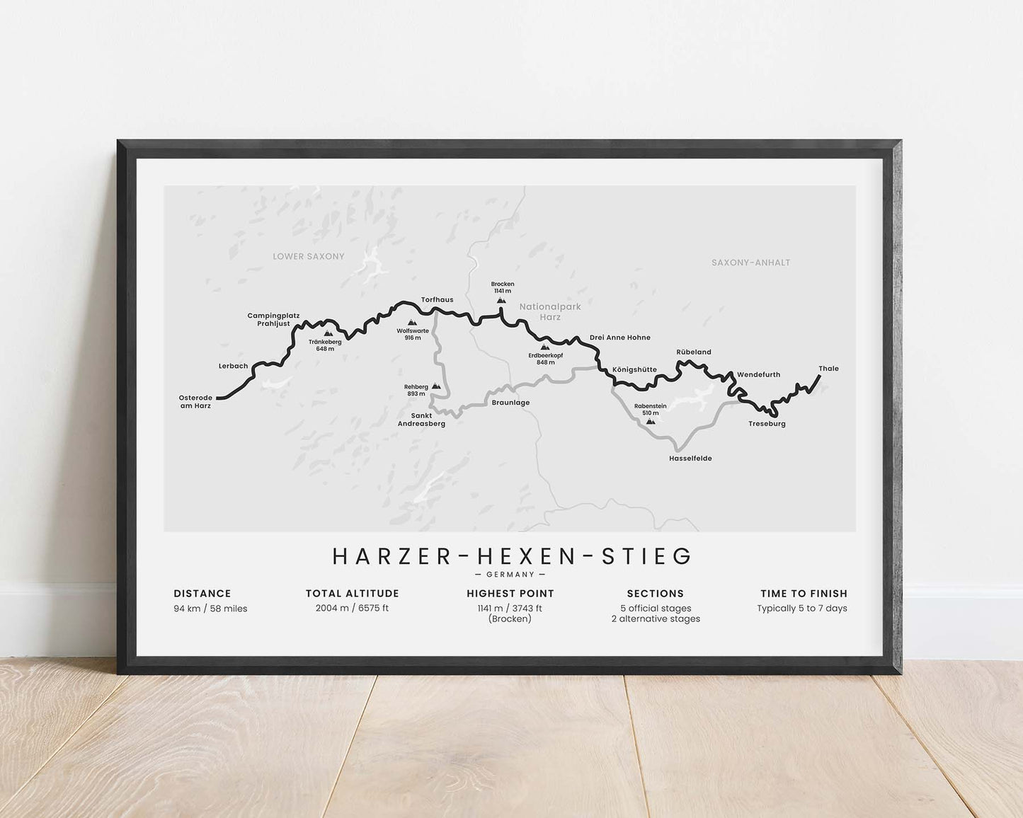 Harzer-Hexen-Stieg (Harz Mountains) Trek Poster with White Background in Minimal Room Decor