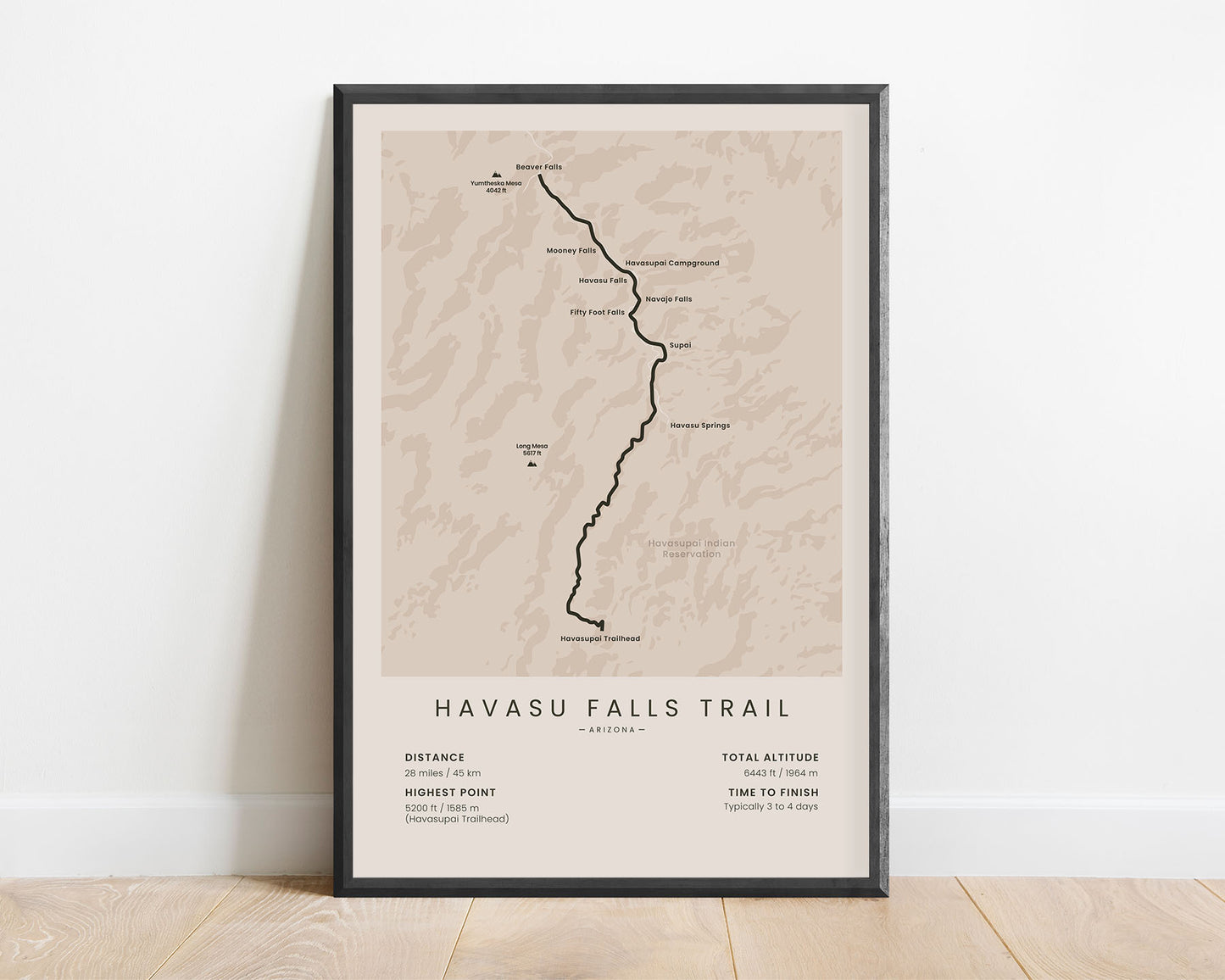 Mooney Falls (Supai) Trek Wall Map with Beige Background
