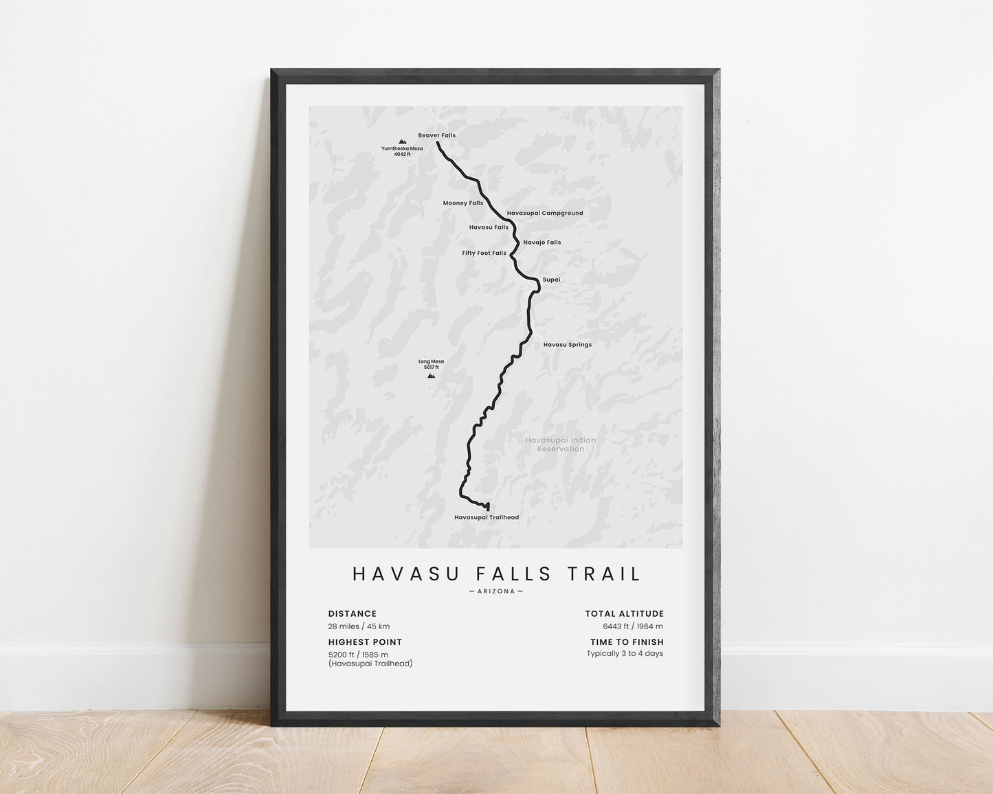 Havasu Falls Trail (Arizona) Hike Map Art with White Background