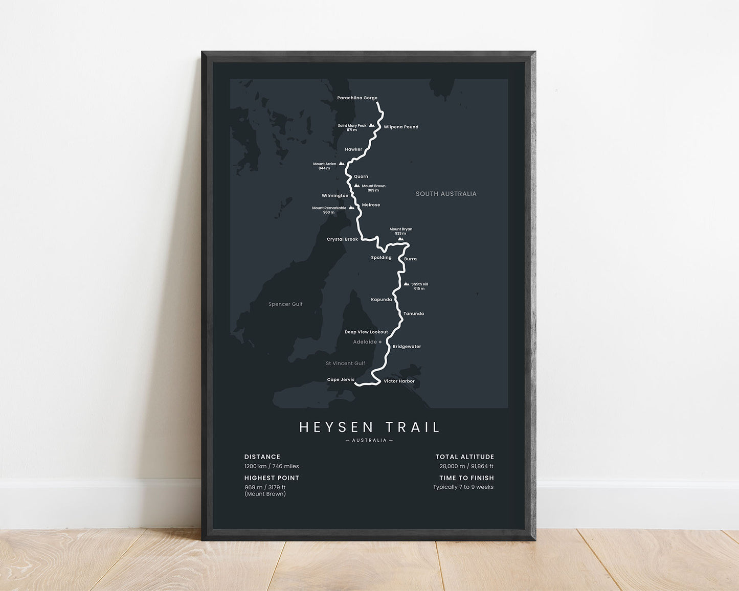 Heysen Trail (South Australia) Track Map Art with Black Background