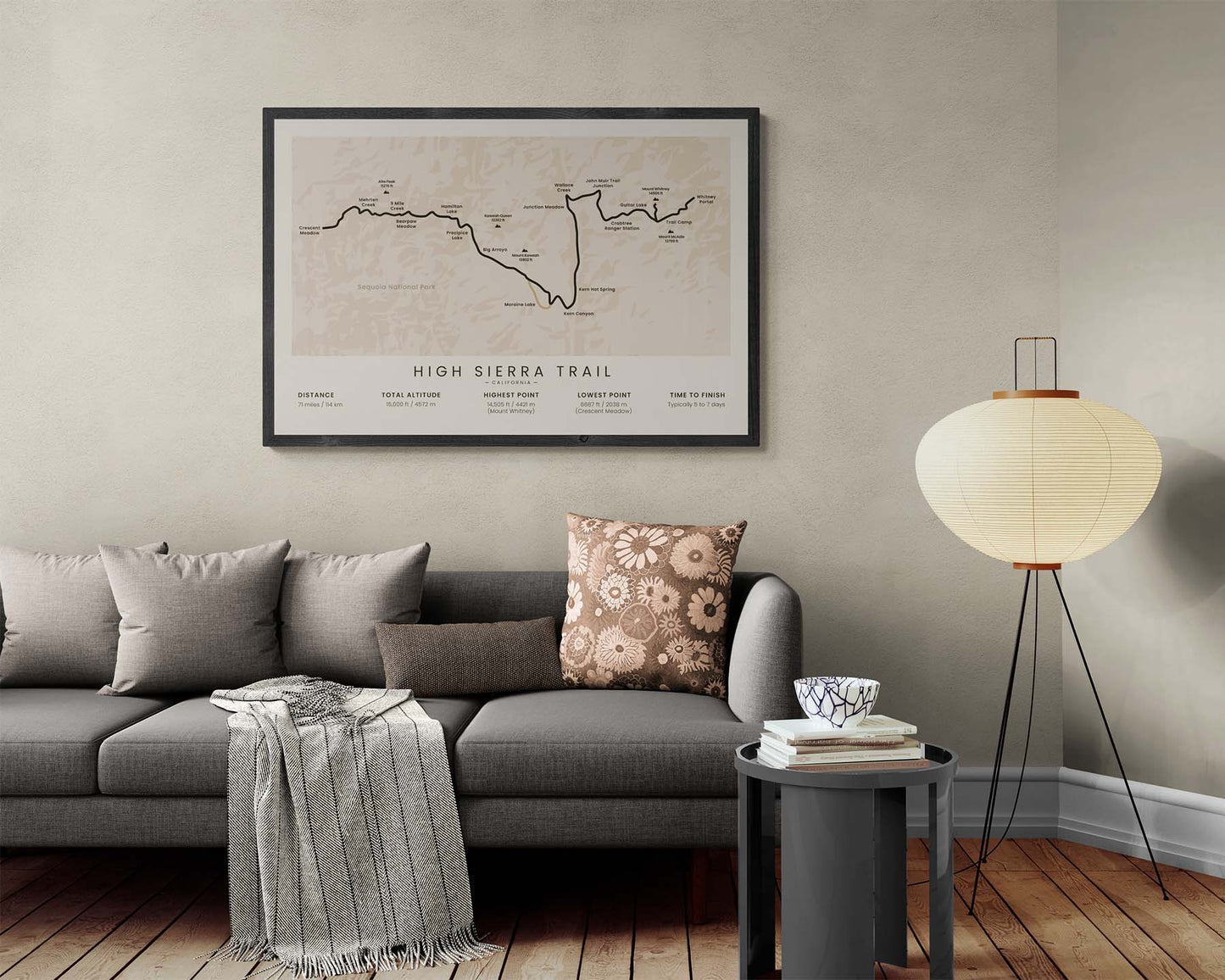 HST (Crescent Meadow to Whitney Portal) Thru-Hike Wall Decor in Modern Interior Decor