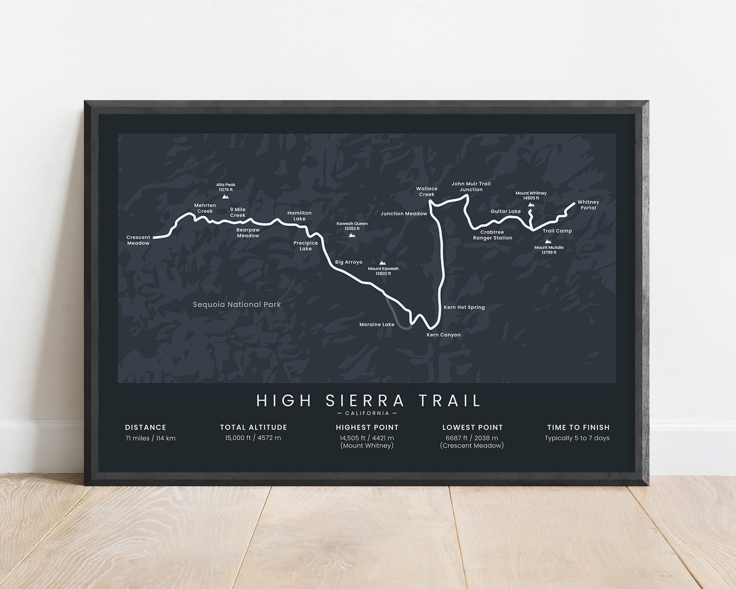 High Sierra Trail (California) Route Print with Black Background