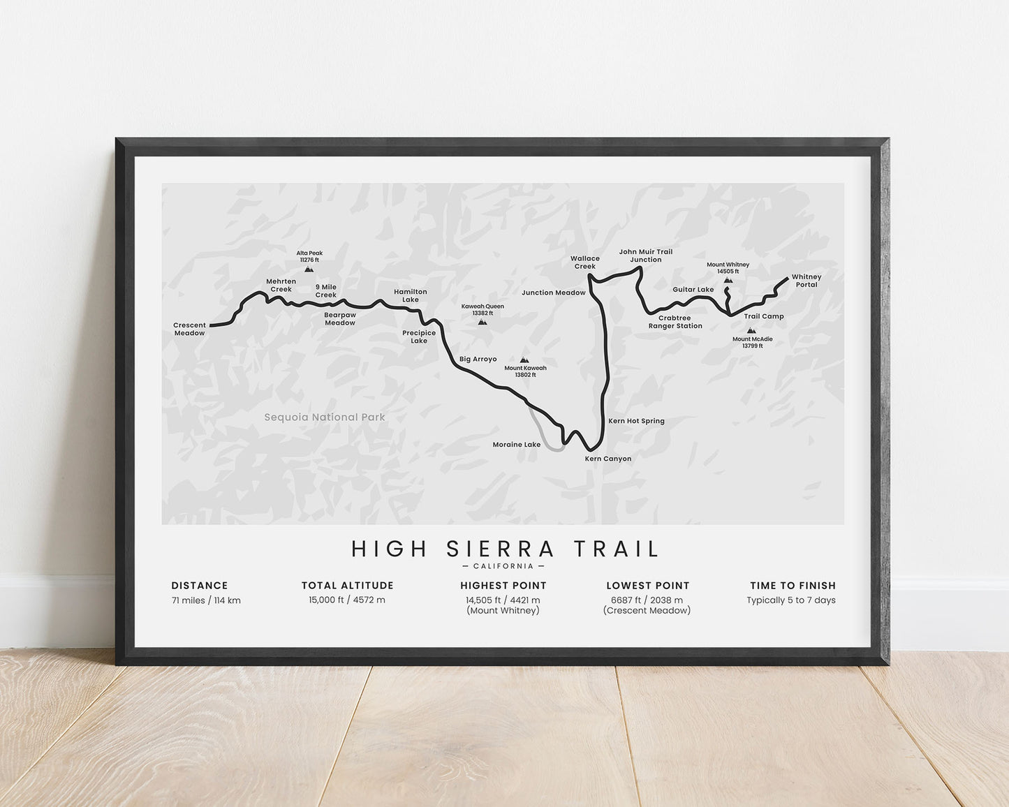 High Sierra Trail (Mount Whitney) Hike Wall Map with White Background