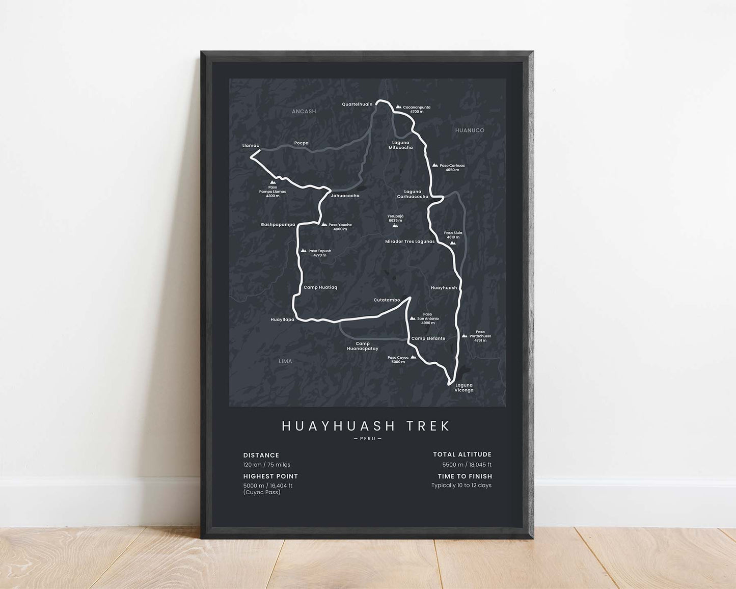 Huayhuash Trek (Andes Mountains) Route Wall Art with Black Background