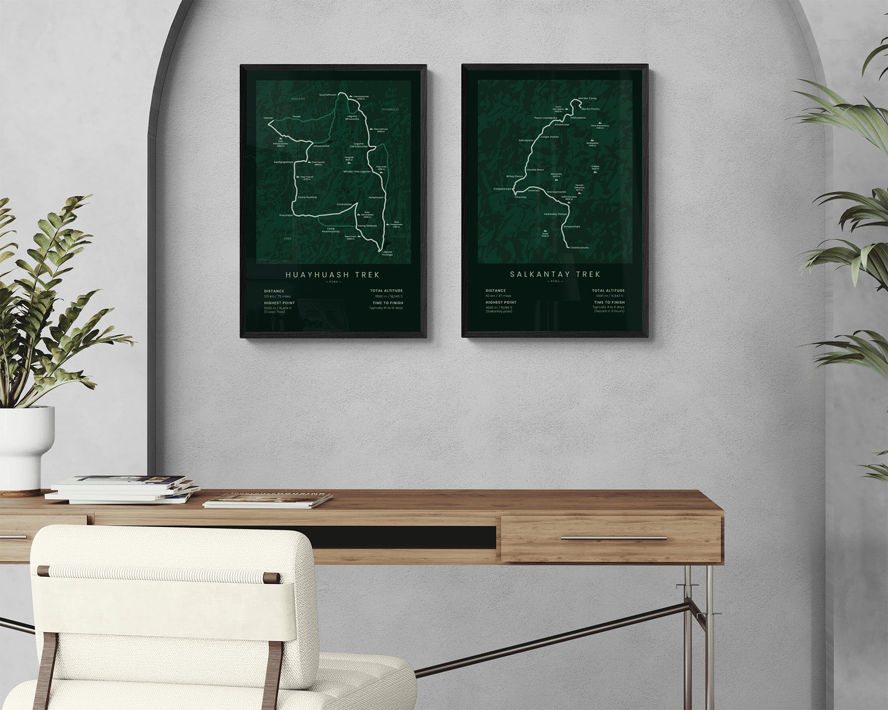 Huayhuash Trek (Andes Mountains) Trail Map Art in Minimal Home Office Decor