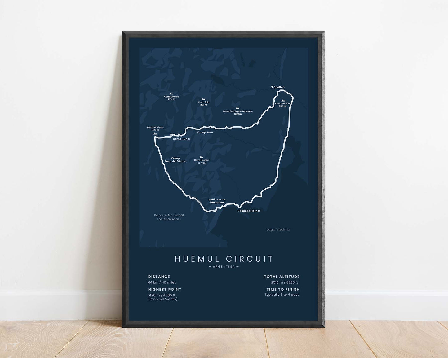 Huemul Circuit (Parque Nacional Los Glaciares) Trek Print with Blue Background