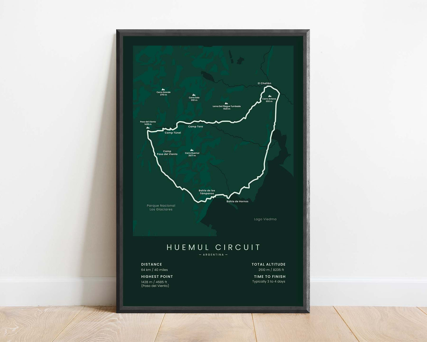 Huemul Circuit (El Chaltén) Track Map Art with Green Background
