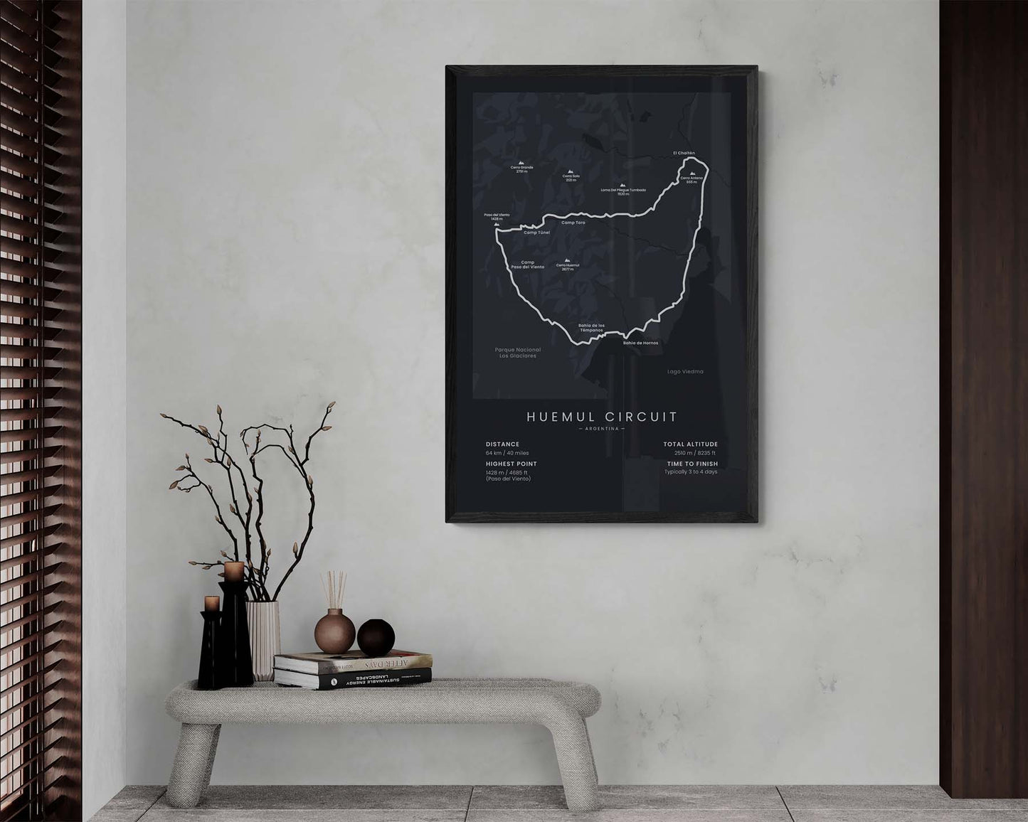 Huemul Circuit (Patagonia) Trail Map Art in Minimal Living Room Decor