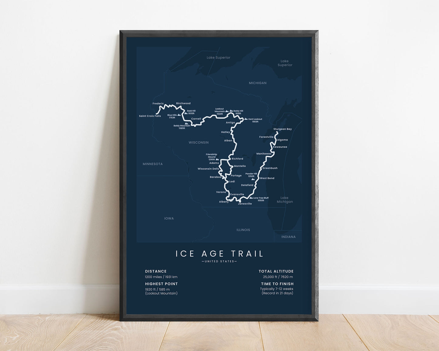 Ice Age Trail (including monches segment, holy hill segment, and kettle moraine) thru hike poster map with blue background