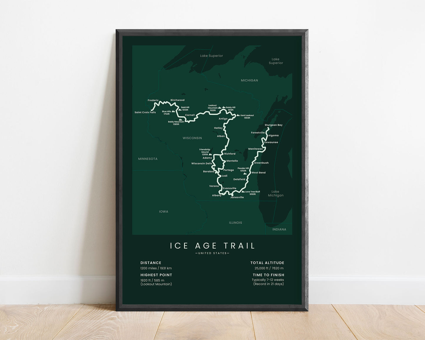 Ice Age National Scenic Trail wall art with green background