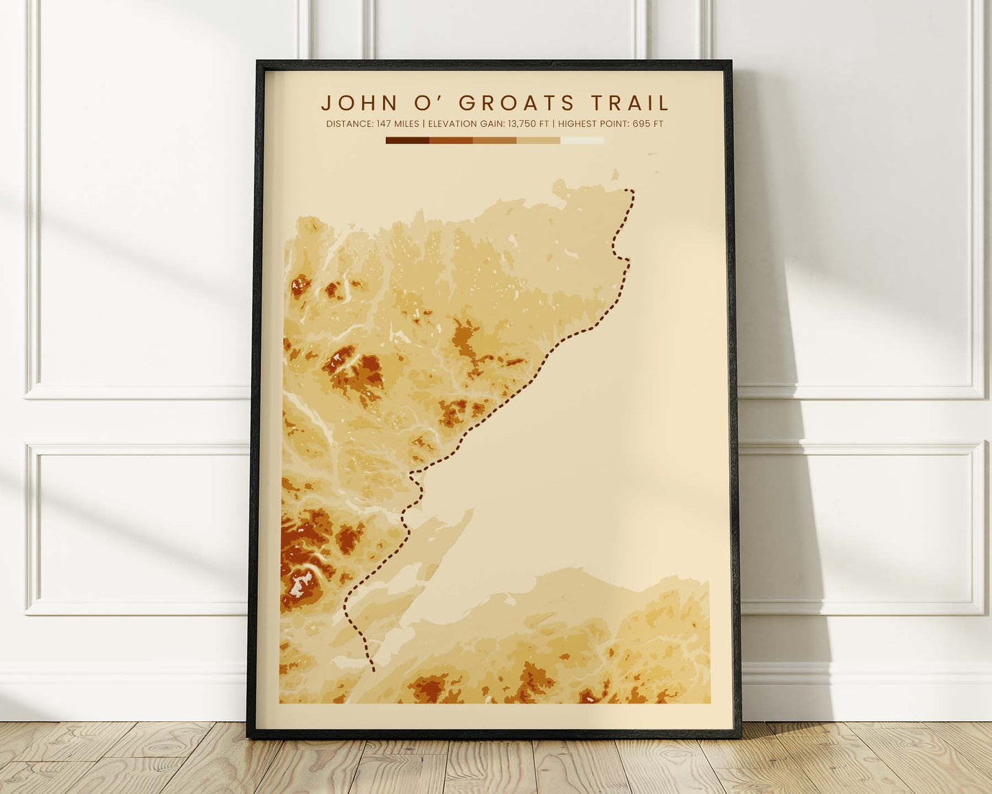 John O' Groats Trail (United Kingdom) Route Art with Vintage Orange Background in Modern Room Decor