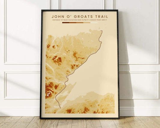 John O' Groats Trail (United Kingdom) Route Art with Vintage Orange Background in Modern Room Decor