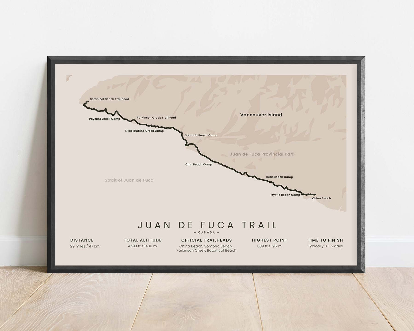 JDF (Botanical Beach Trailhead to China Beach, Sombrio Beach, Vancouver Island, Juan de Fuca Provincial Park, British Columbia, Canada) Route Wall Map with Beige Background
