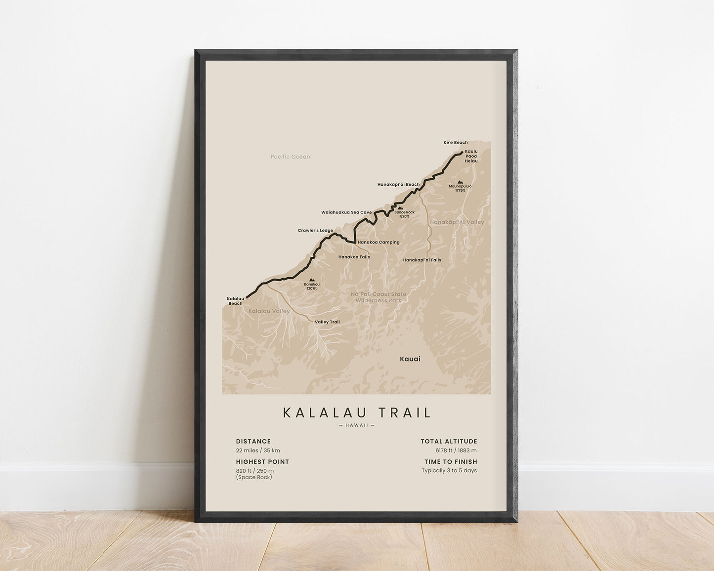 Nā Pali Coast Trail (Kauai Island) Track Poster with Beige Background