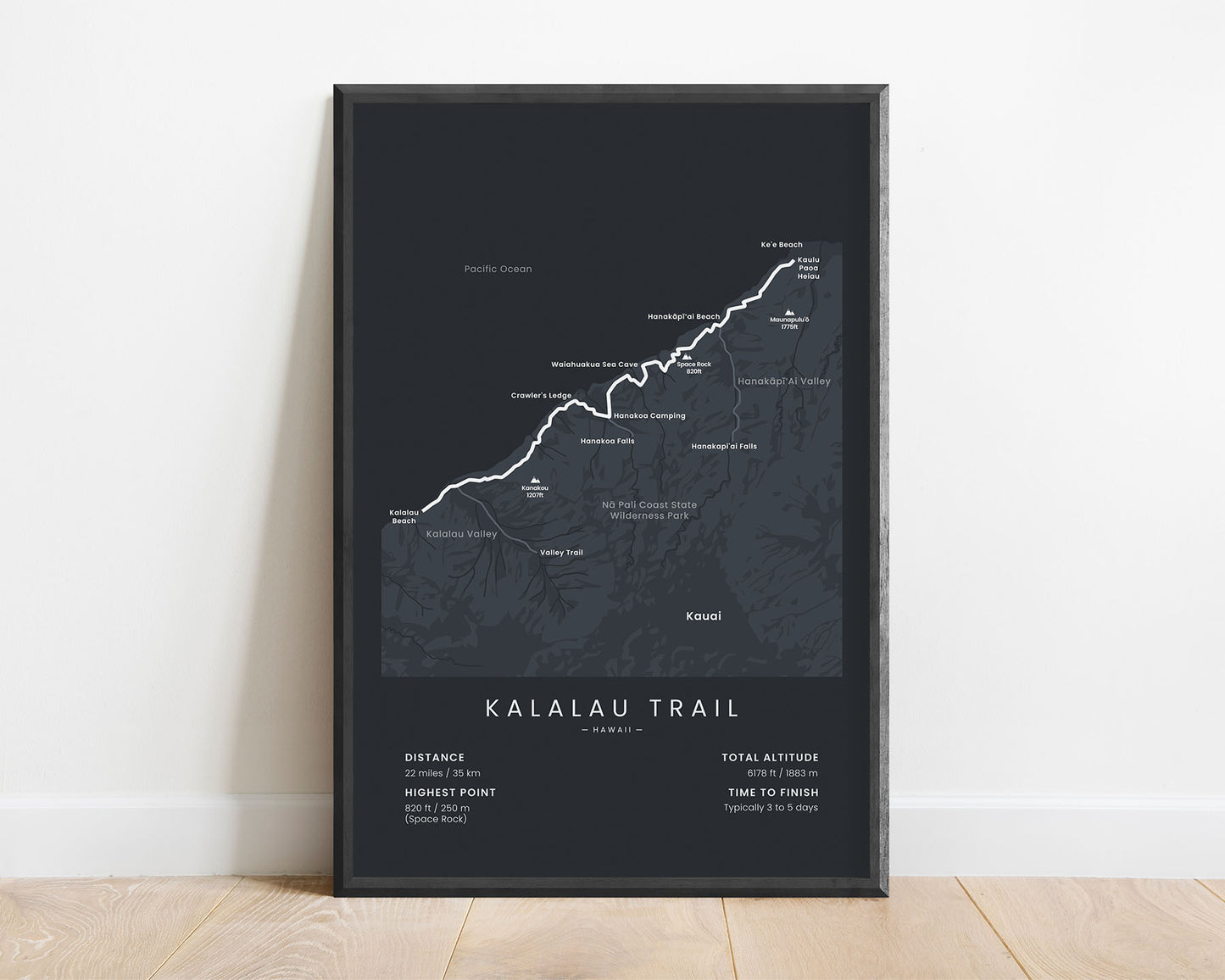 Kalalau Trail (Hawaii) Route Wall Art with Black Background