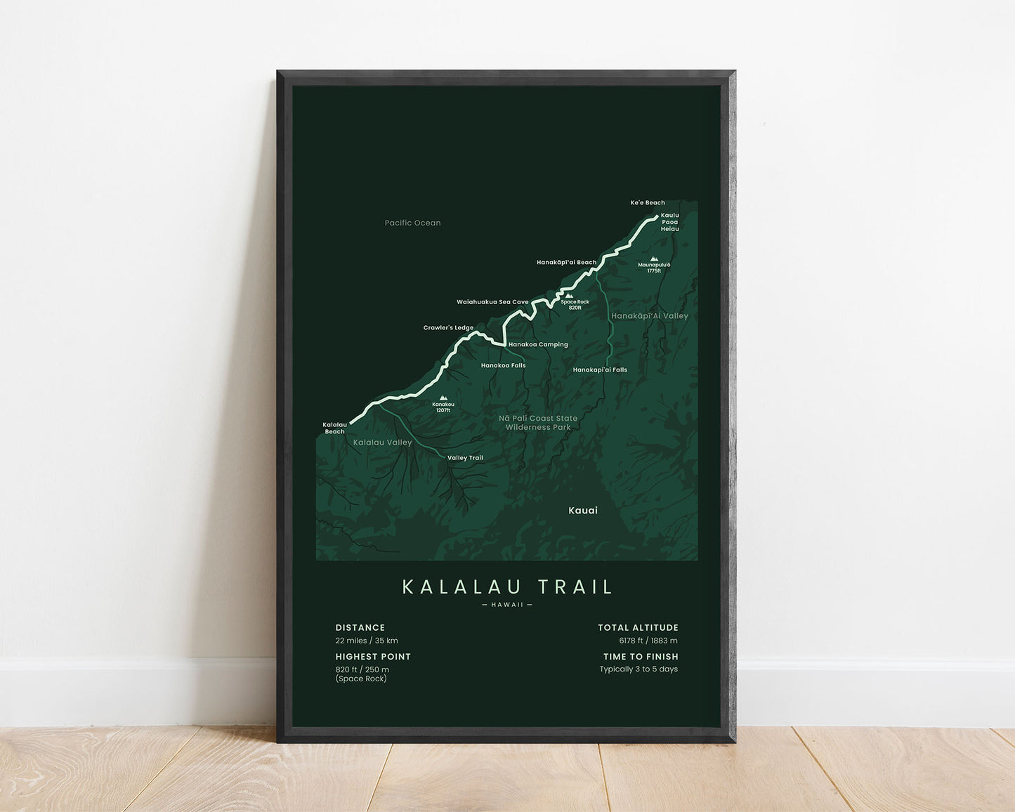 Kalalau Trail (Kauai Island) Trail Map Art with Green Background