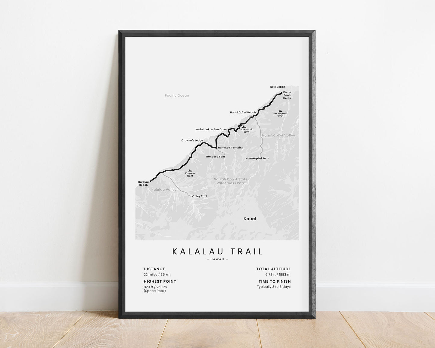 Kalalau Trail (Ke'e to Kalalau Beach) Path Wall Map with White Background