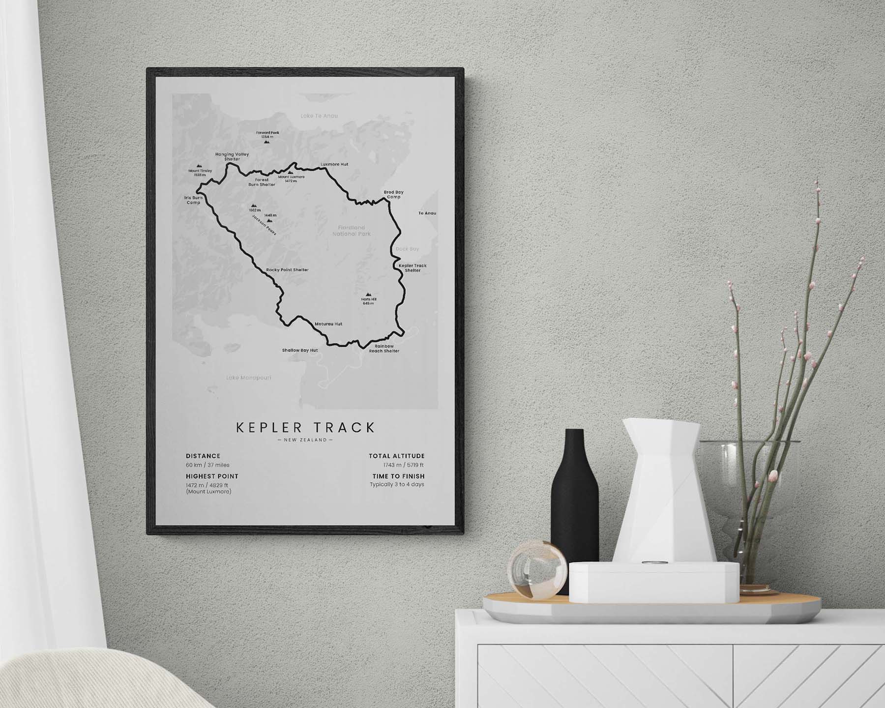 Kepler Track (New Zealand) trek wall art in minimal room decor