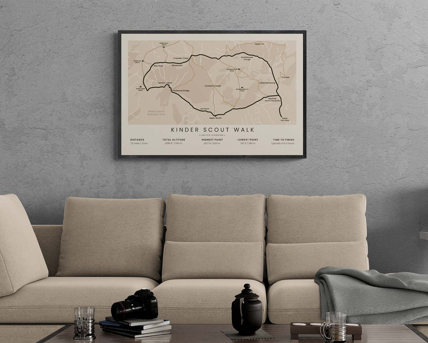 Kinder Scout Circular Walk (Peak District) track map art in minimal room decor