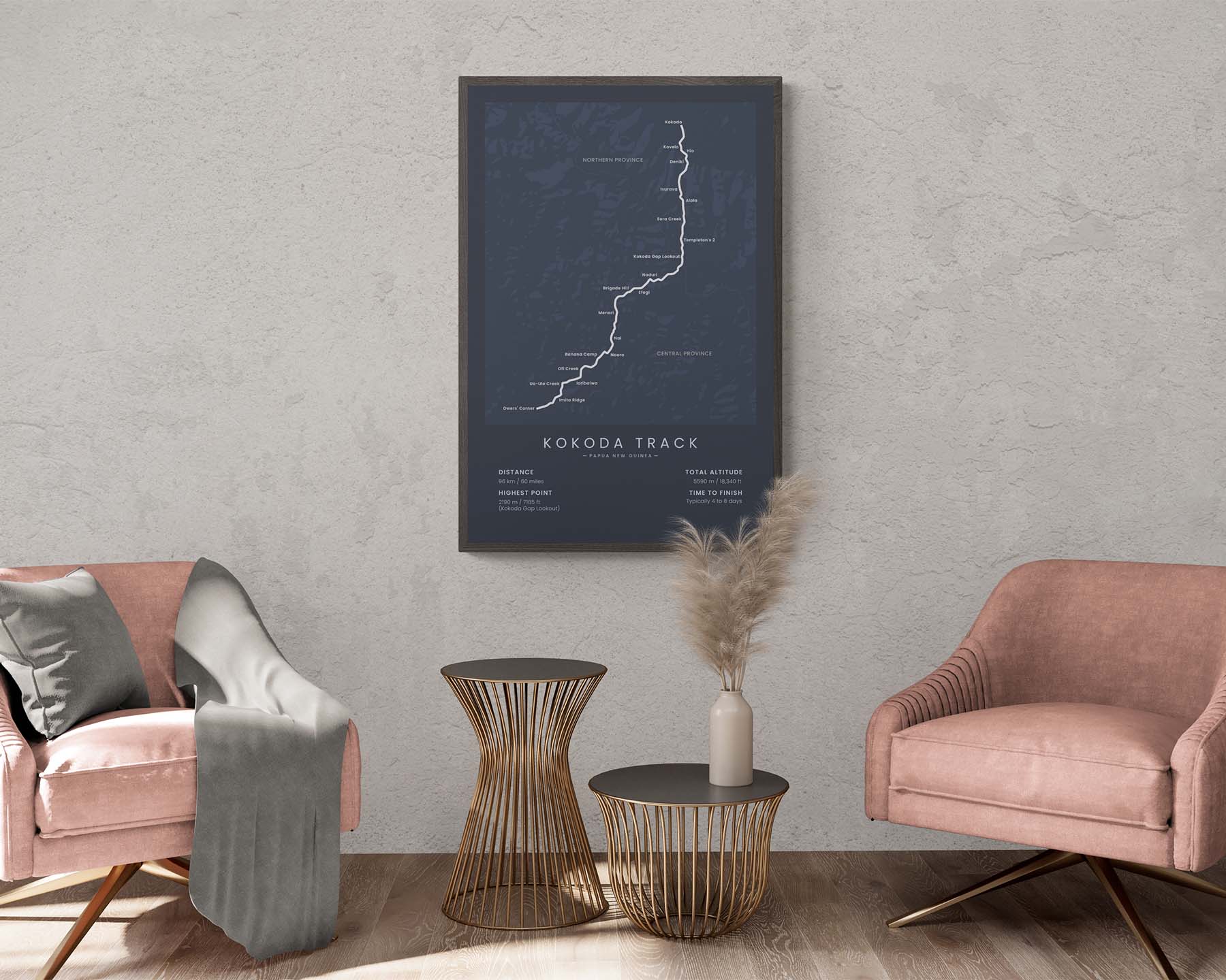Kokoda Trail (Papa New Guinea) thru-hike map art in minimal room decor