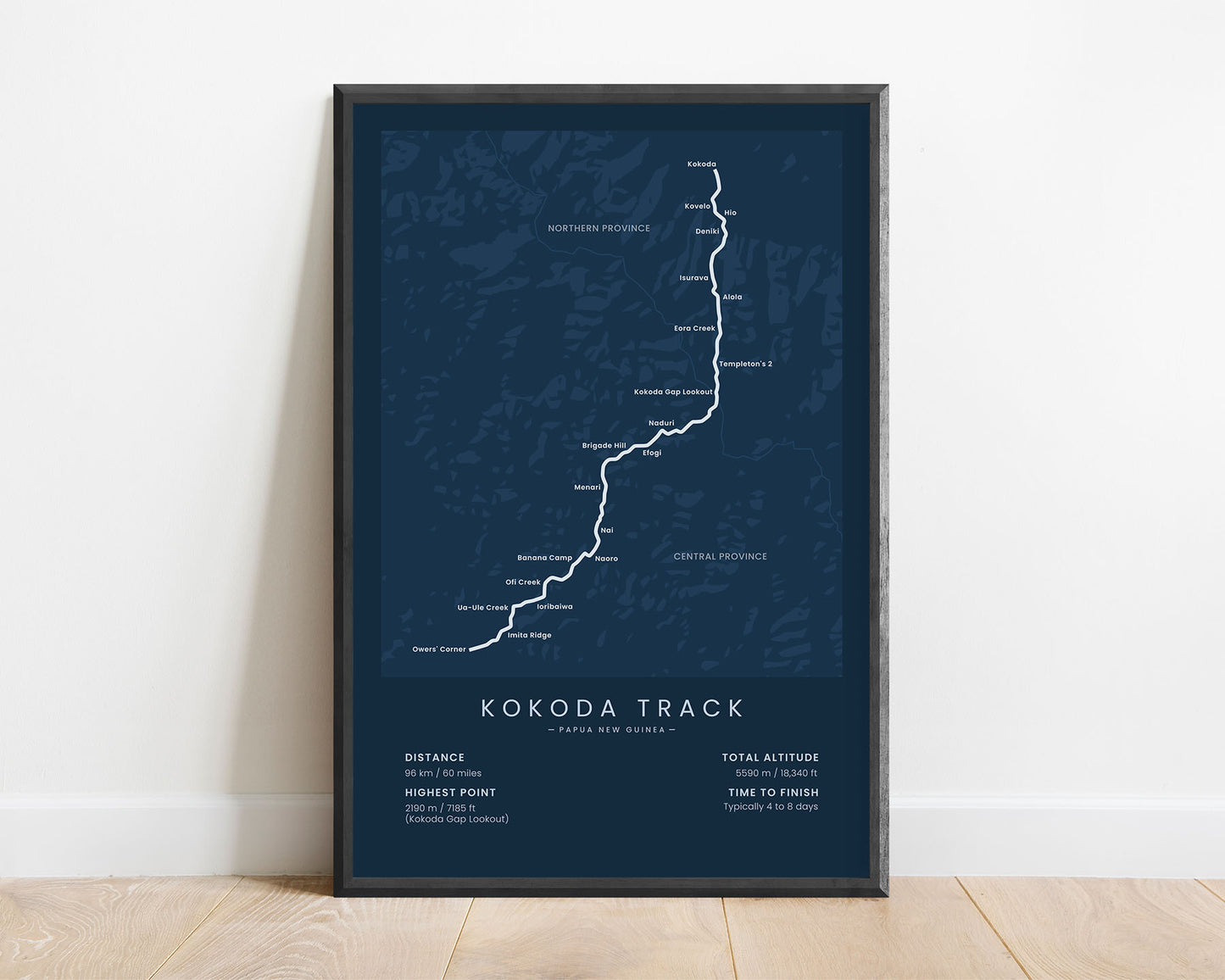 Kokoda Track (Papa New Guinea) trek wall art with blue background