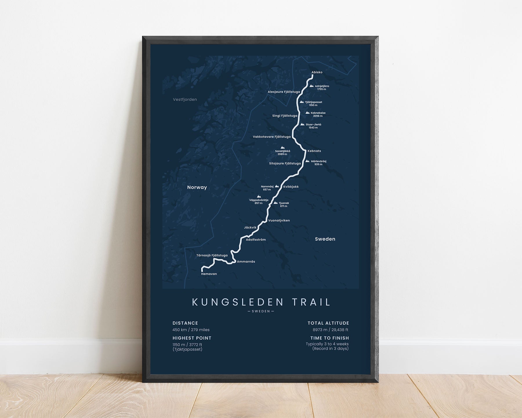 The King's Trail (Sweden) trek wall map with blue background