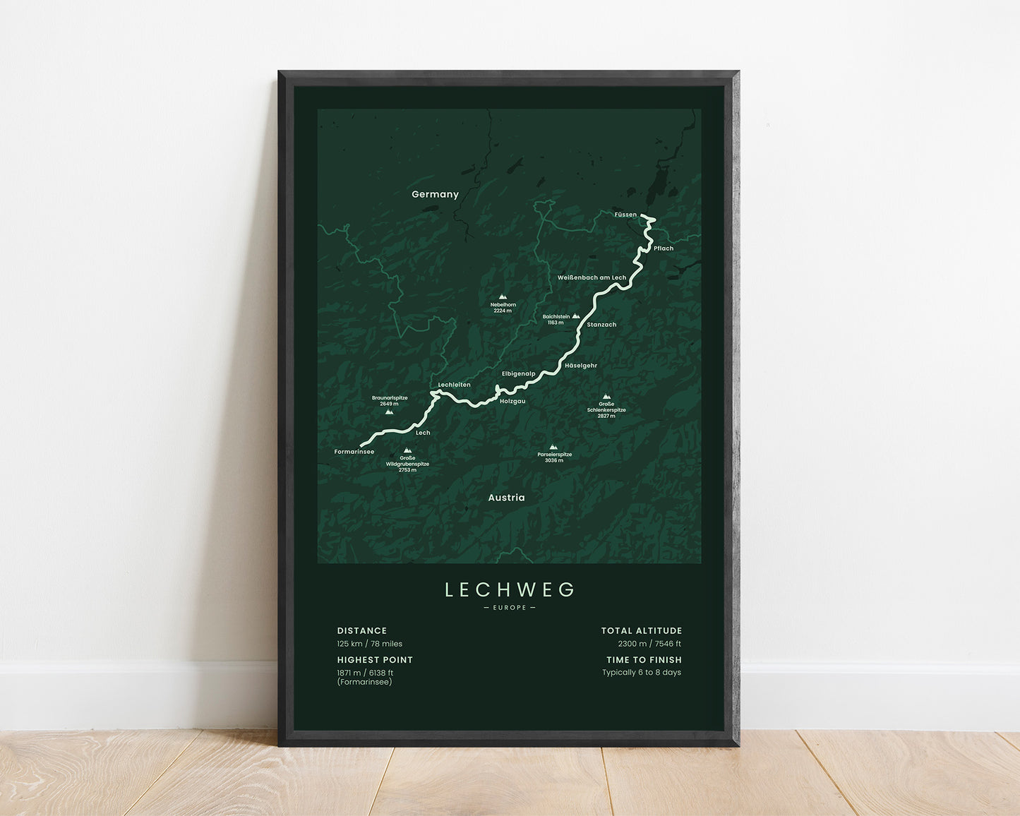 Lechweg (Tyrol) Thru-Hike Map Art with Green Background