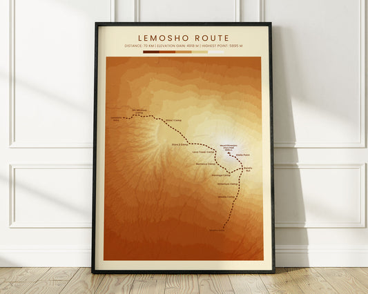 Mount Kilimanjaro (Machame Route) Trek Print with Vintage Orange Background