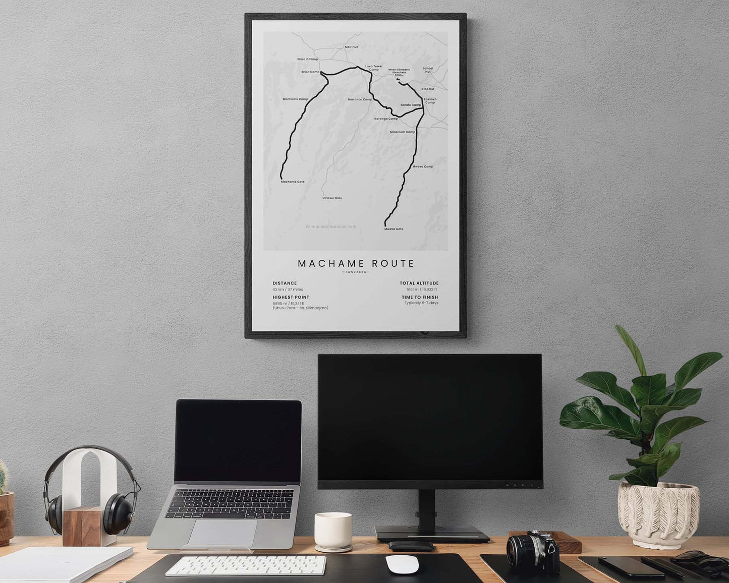 Machame Mount Kilimanjaro Trek (Tanzania) track poster in minimal room decor
