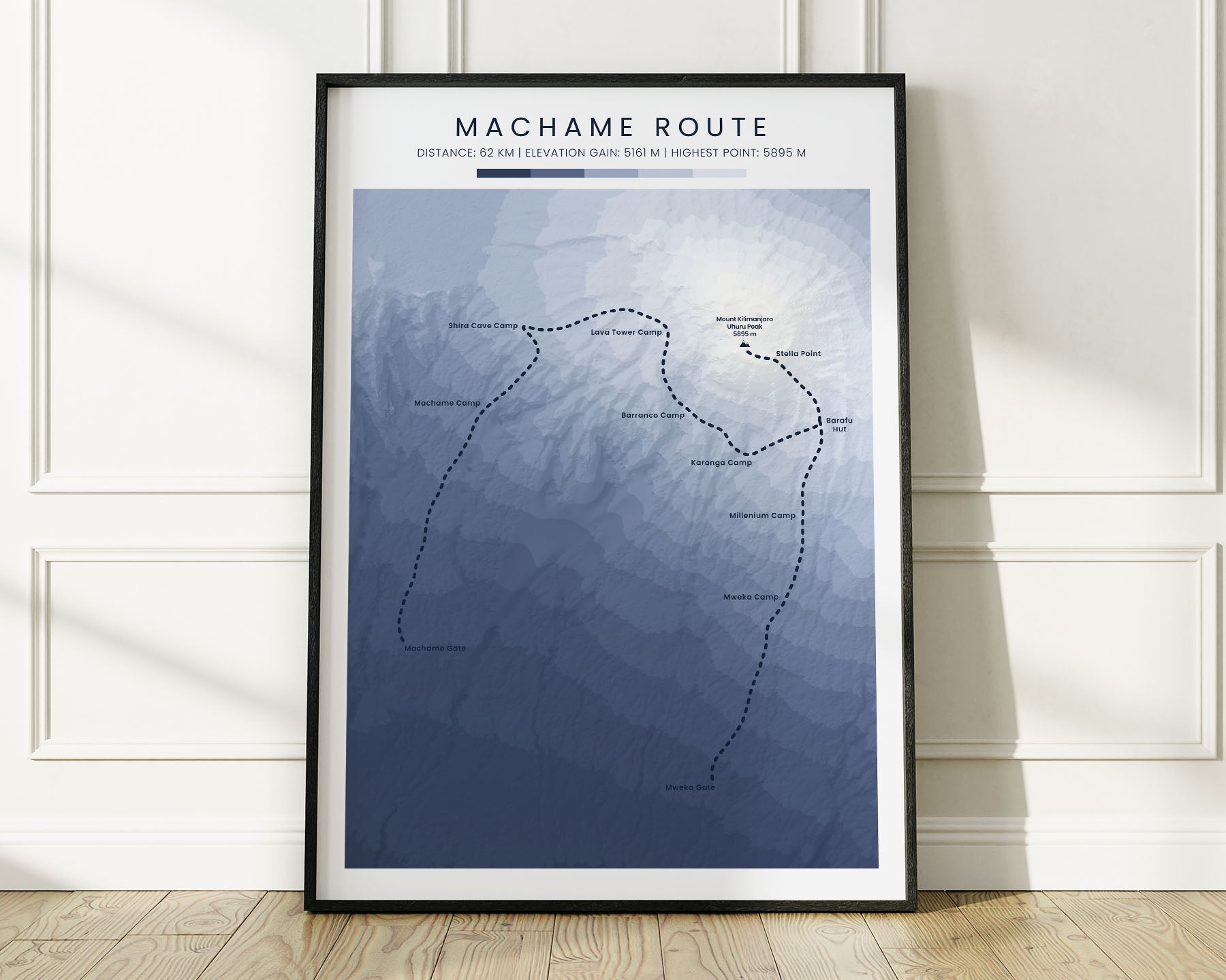 Machame Route (Tanzania) Walk Map with Minimal Blue Background