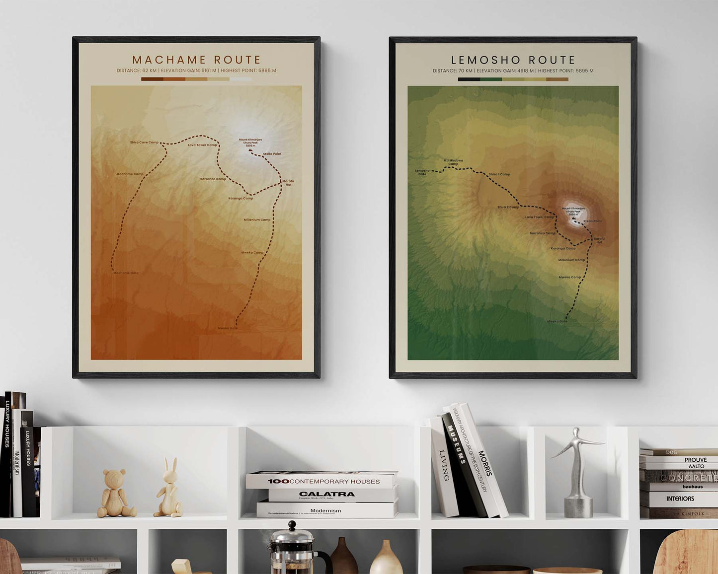 Machame Mt Kilimanjaro Summit (Mount Kilimanjaro) Route Print with Contour Map in Modern Interior Decor