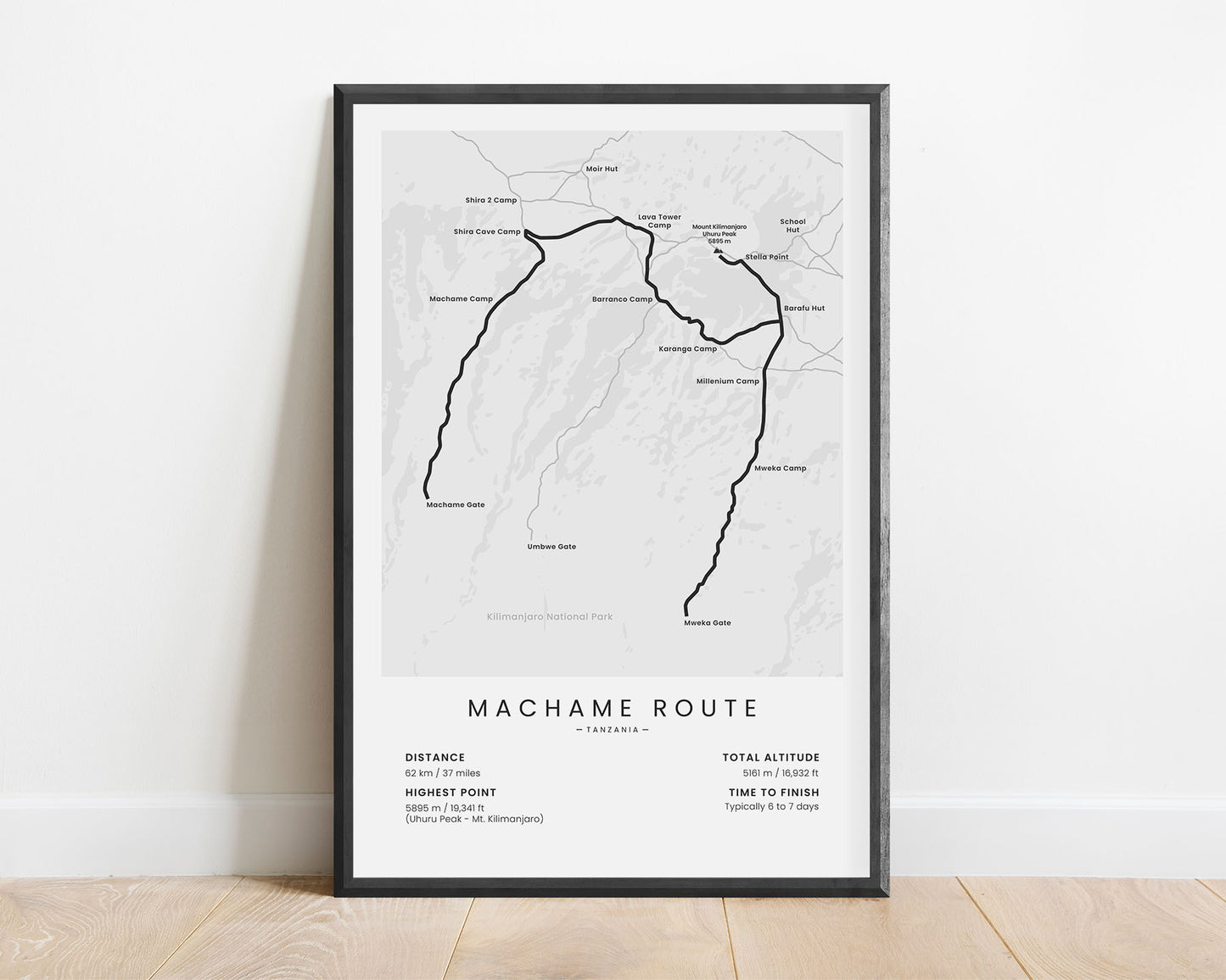 Machame Route (Mount Kilimanjaro) Trek Wall Map with White Background