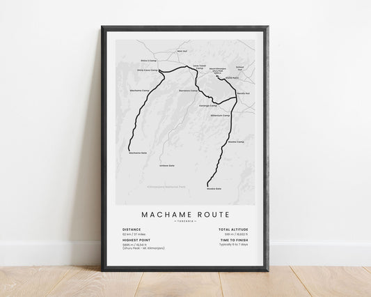 Machame Route (Mount Kilimanjaro) Trek Wall Map with White Background